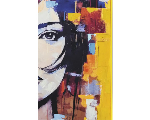 Gemälde mit abstraktem Frauenportrait in einem gelben Rahmen