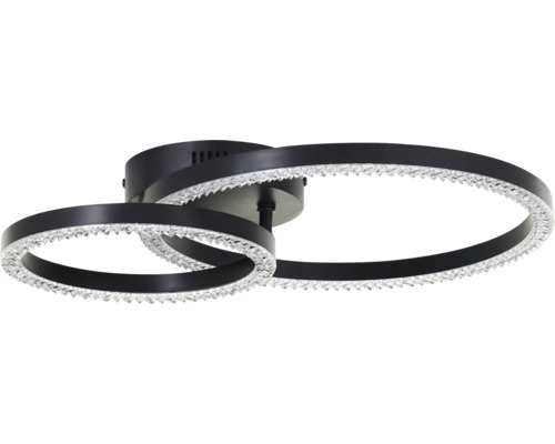 Plafonnier avec deux anneaux noirs et décorations en cristal