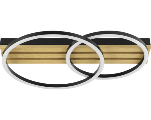 Plafonnier avec deux anneaux entrelacés devant un panneau de bois