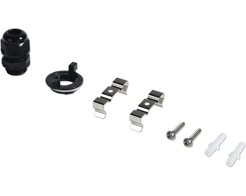 Zubehör für Leuchtenmontage mit Kabelverschraubung, Befestigungsklammern, Schrauben und Dübel