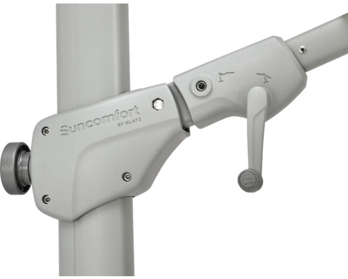 Gros plan du parasol Suncomfort by Glatz avec mécanisme à manivelle pour une utilisation facile.