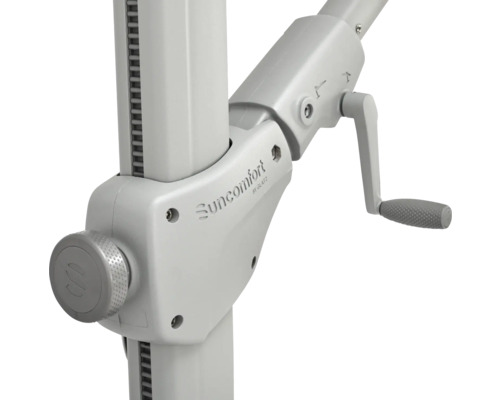 Vue détaillée d'un mécanisme de parasol avec manivelle et bouton rotatif