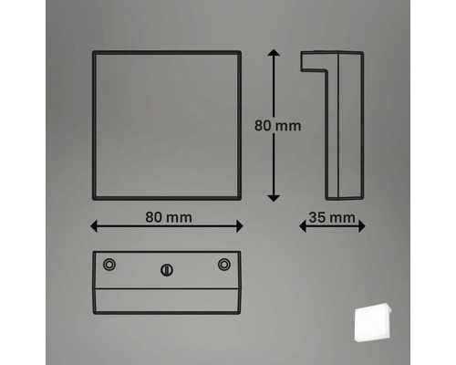 Technische Zeichnung einer 80 mm x 80 mm großen und 35 mm tiefen Leuchte