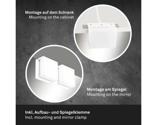 Aufbauleuchte mit Montage- und Spiegelklemme zur Anbringung am Schrank oder Spiegel