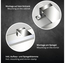 Detailaufnahme von Spiegel- und Aufbauklemme zur Montage auf Schrank und Spiegel