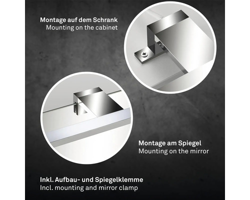 Detailaufnahme von Spiegel- und Aufbauklemme zur Montage auf Schrank und Spiegel