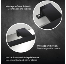 Befestigungsarten für Spiegelleuchte: Montage auf Schrank und Spiegel, inklusive Aufbau- und Spiegelklemme