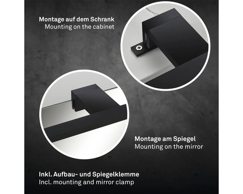 Befestigungsarten für Spiegelleuchte: Montage auf Schrank und Spiegel, inklusive Aufbau- und Spiegelklemme