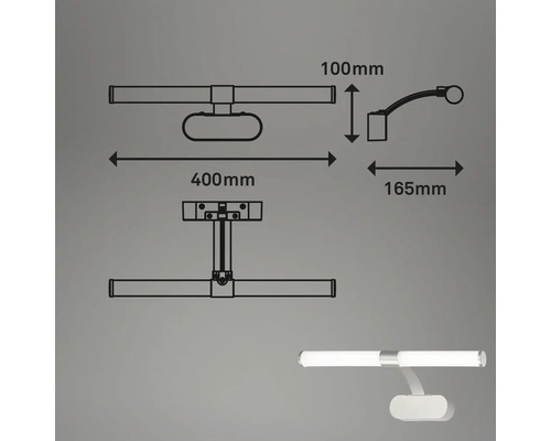 Technische Zeichnung einer Badleuchte mit den Maßen 400 mm Breite, 100 mm Höhe und 165 mm Ausladung