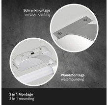 Nahaufnahme einer Leuchte mit zwei Montagearten: Schrankmontage und Wandmontage