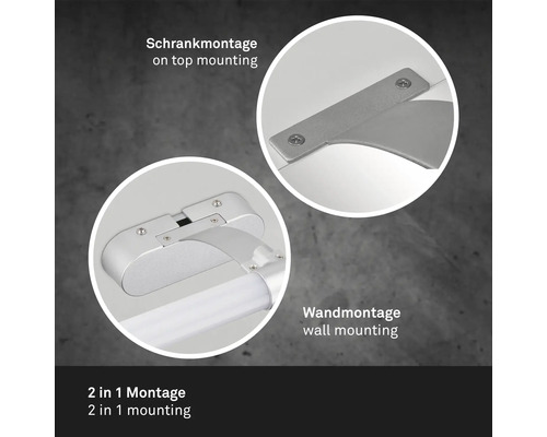 Nahaufnahme einer Leuchte mit zwei Montagearten: Schrankmontage und Wandmontage