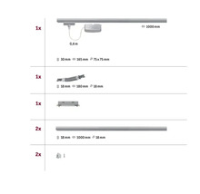 Présentation des pièces individuelles et des dimensions du produit.