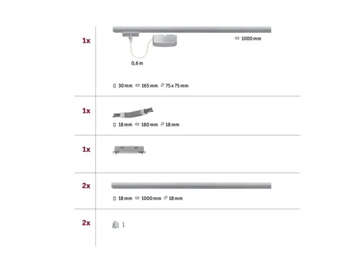 Übersicht der Einzelteile und Maße des Produkts.