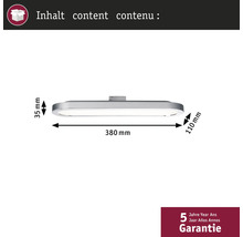 Abmessungen einer LED Lampe: 380 mm Länge, 110 mm Breite und 35 mm Höhe. Fünf Jahre Garantie.