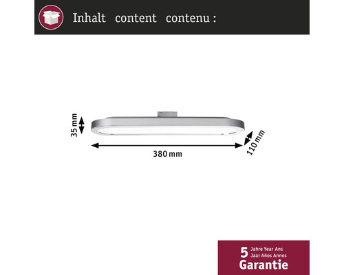 Abmessungen einer LED Lampe: 380 mm Länge, 110 mm Breite und 35 mm Höhe. Fünf Jahre Garantie.