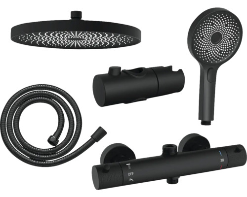 Brausegarnitur mit Kopfbrause, Handbrause, Brauseschlauch und Thermostat
