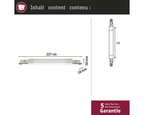 Technische Zeichnung einer Schrankaufhängeschiene mit den Maßen 227 cm Länge und 18 mm Breite, inklusive 5 Jahre Garantie