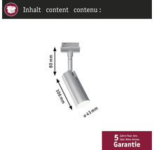Projecteur sur rail avec les dimensions 80 mm x 106 mm x 43 mm et cinq ans de garantie