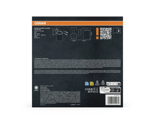 Emballage de la lanterne Osram Endura Classic CYL E27 BK, lampe non incluse, IP43, 60 watts maximum, 220-240 volts, 50/60 hertz, noir, aluminium