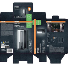 Emballage de l'applique murale tubulaire Osram Endura Classic pour extérieur avec indice de protection IP44, douille E27, boîtier en aluminium et garantie de cinq ans.