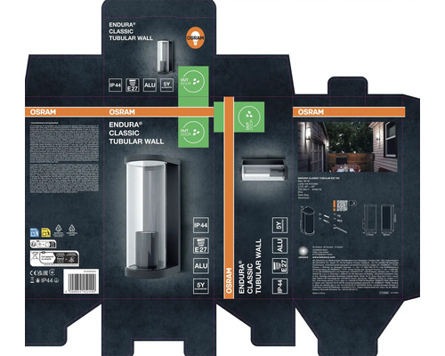 Emballage de l'applique murale tubulaire Osram Endura Classic pour extérieur avec indice de protection IP44, douille E27, boîtier en aluminium et garantie de cinq ans.
