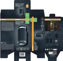Verpackung für Osram Endura Classic Beam Gap Wandleuchte für den Aussenbereich, mit Informationen zu Eigenschaften und Garantie
