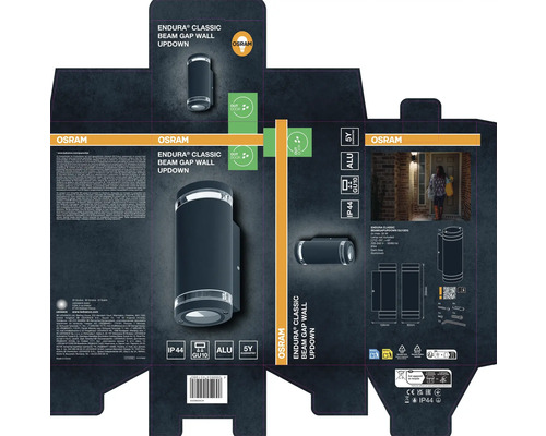 Verpackung für Osram Endura Classic Beam Gap Wandleuchte für den Aussenbereich, mit Informationen zu Eigenschaften und Garantie