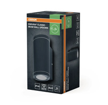 Verpackung einer Osram Endura Classic Beam Wandleuchte für den Außenbereich, Schutzart IP44, GU10-Fassung, Aluminiumgehäuse, fünf Jahre Garantie