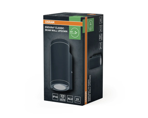 Verpackung einer Osram Endura Classic Beam Wandleuchte für den Außenbereich, Schutzart IP44, GU10-Fassung, Aluminiumgehäuse, fünf Jahre Garantie
