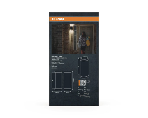 Osram Logo auf einer Verpackung für Endura Classic Beam Updown GU10 DG Aussenleuchte aus Aluminium.