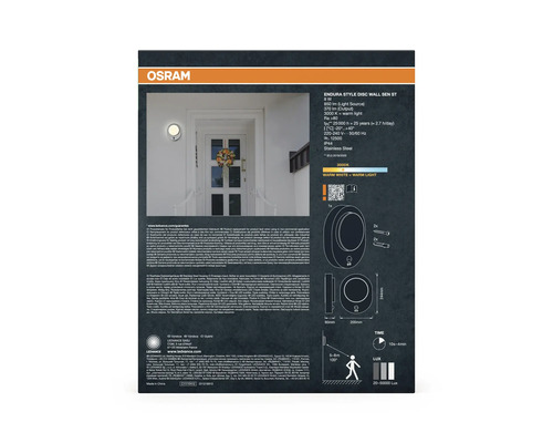 Osram Endura Style Disc applique murale avec détecteur pour l'extérieur, acier inoxydable