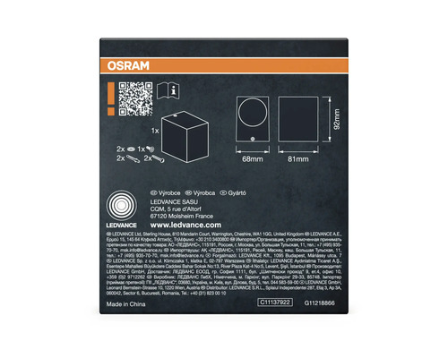 Détails d'emballage d'une lampe LED Osram Ledvance avec indications de dimensions