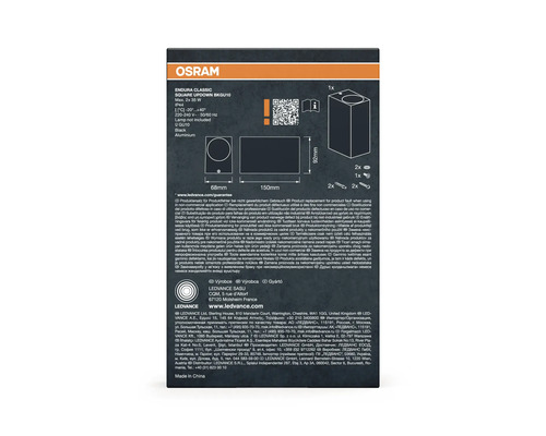Dessin technique du luminaire Osram Endura Classic Square Updown BKGU10, comprenant les dimensions et les symboles relatifs à l'efficacité énergétique et aux détails du produit.