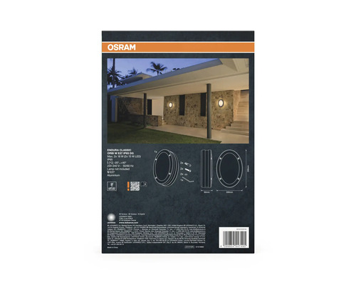Emballage d'un luminaire mural Osram Endura Classic Orbi E27 IP65 avec exemple d'application