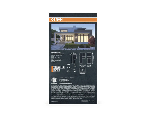 Logo Osram. Emballage d'un luminaire extérieur Endura Classic Isidor W GU10 IP65DG en aluminium, dimensions 170 x 88 x 60 mm.