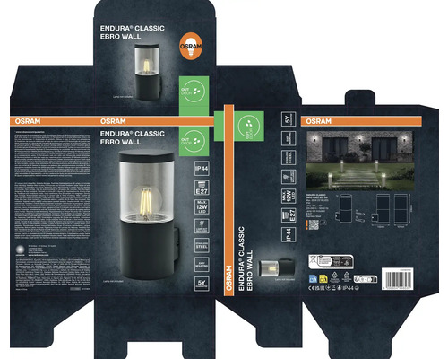 Verpackung der Osram Endura Classic Ebro Wandleuchte für den Aussenbereich