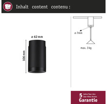 Dimensions et détails d'une lampe de 62 mm de diamètre et 106 mm de hauteur, avec une charge maximale de 3 kg et une garantie de 5 ans