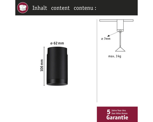 Dimensions et détails d'une lampe de 62 mm de diamètre et 106 mm de hauteur, avec une charge maximale de 3 kg et une garantie de 5 ans