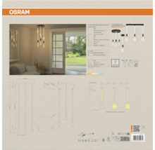 Osram Logo. Informationen zur LED-Hängeleuchte Decor Glow Pend PL3XE27 mit technischen Details und Maßangaben.