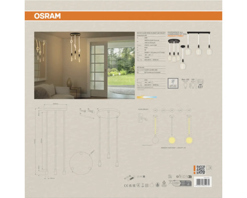 Osram Logo. Informationen zur LED-Hängeleuchte Decor Glow Pend PL3XE27 mit technischen Details und Maßangaben.