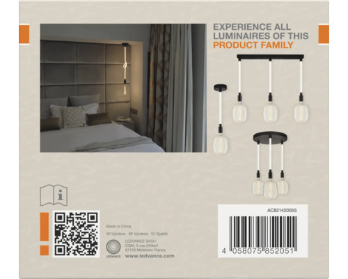 Produktfamilie von Leuchten in verschiedenen Ausführungen über einem Schlafzimmer