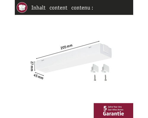 Inhalt: Unterbauleuchte mit den Maßen 205 mm x 45 mm x 27 mm und zwei Befestigungsklammern mit Schrauben. Fünf Jahre Garantie.