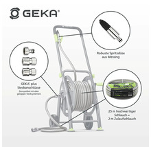 Gartenschlauchwagen mit 25 Meter Schlauch, 2 Meter Zulaufschlauch, Messing Spritzdüse und GEKA plus Steckanschlüssen