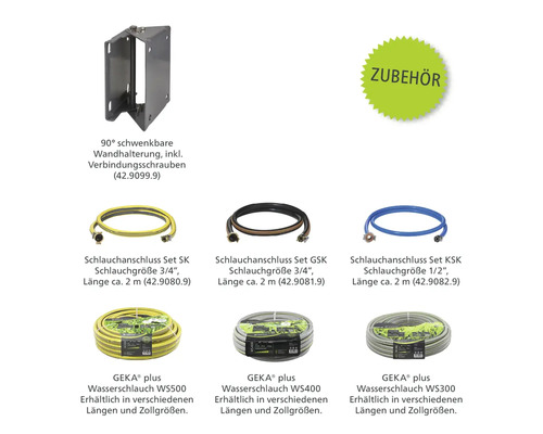 Auswahl an Gartenschlauch-Zubehör: Schwenkbare Wandhalterung, Schlauchanschluss-Sets und GEKA plus Wasserschläuche in verschiedenen Längen