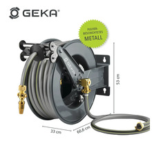 Geka Schlauchaufroller aus pulverbeschichtetem Metall mit Gartenschlauch und Abmessungen