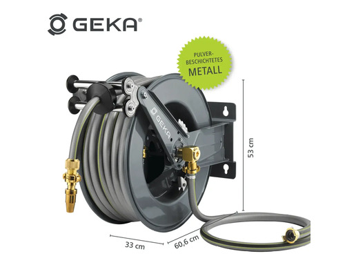 Geka Schlauchaufroller aus pulverbeschichtetem Metall mit Gartenschlauch und Abmessungen