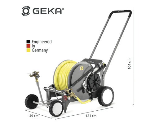 Geka Schlauchwagen mit gelbem Gartenschlauch und Abmessungen