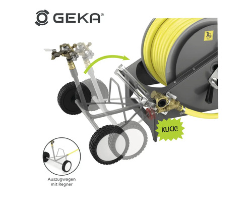 Geka Logo, Gartenschlauchwagen mit Schlauch und Regner