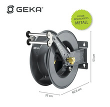 Geka Logo Schlauchwagen aus pulverbeschichtetem Metall mit Maßangaben