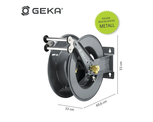 Geka Logo Schlauchwagen aus pulverbeschichtetem Metall mit Maßangaben